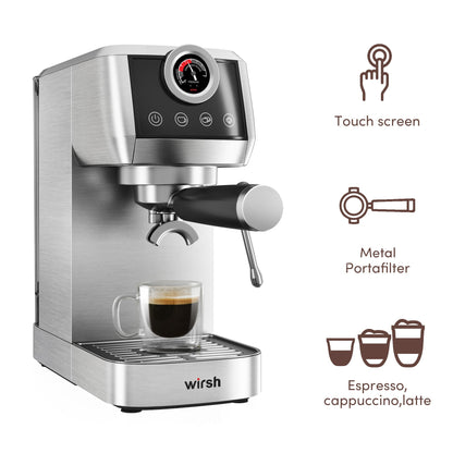 Wirsh 20 Bar Espresso Machine with Plastic Free Portafilter and Steamer, Pressure Gauge, Touch Screen, Full Stainless Steel (Home Barista Plus)