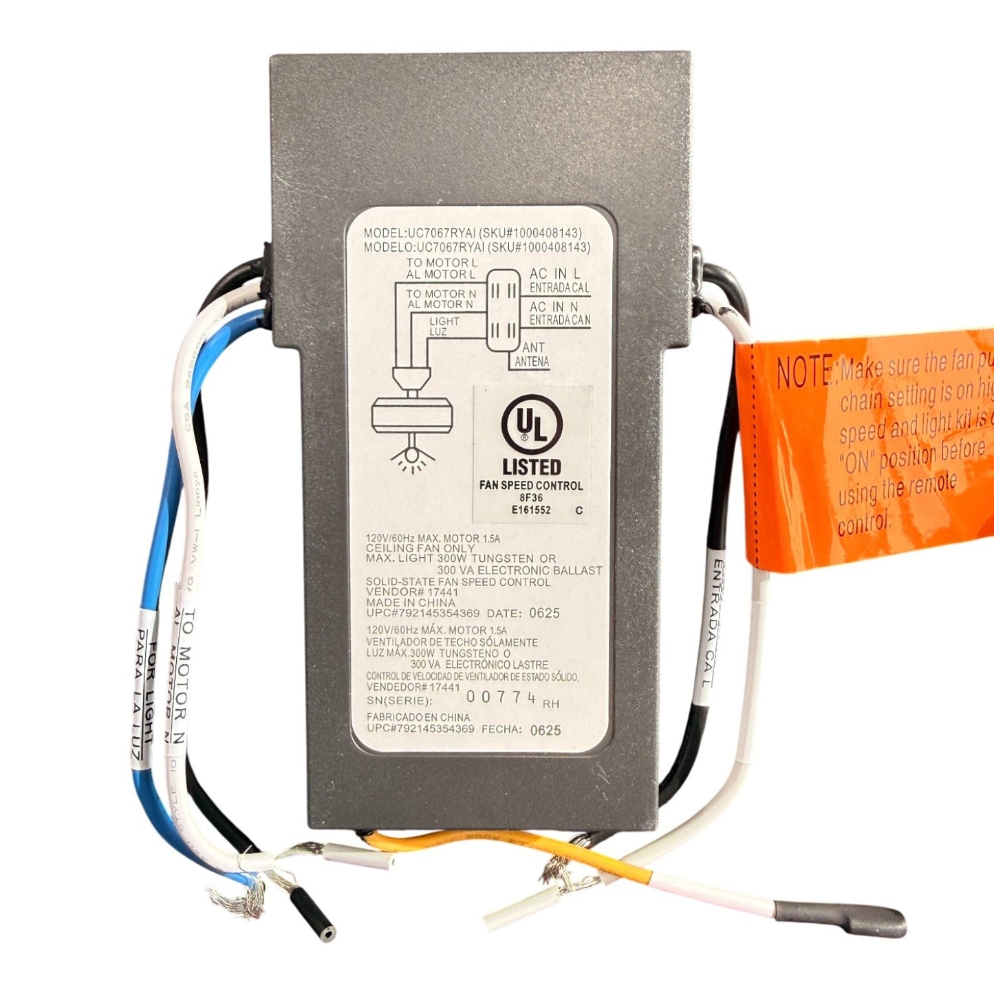 Hampton Bay Universal 3-Speed Wall Plate Remote control Ceiling fan Kit | UC9050H Remote | UC7067RYAI Receiver - 1000408143
